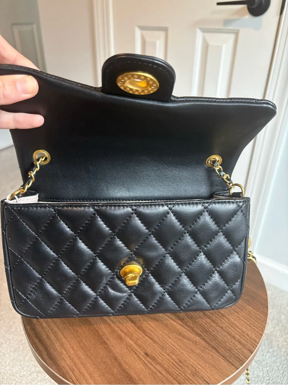 Black Quilted Chain Shoulder Bag with Gold Hardware